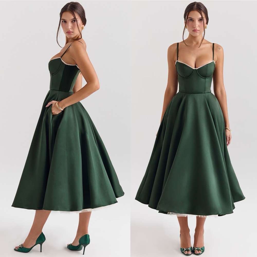 House of CB Mademoiselle Forest Green Satin Tulle Midi Dress XS A-C Cup